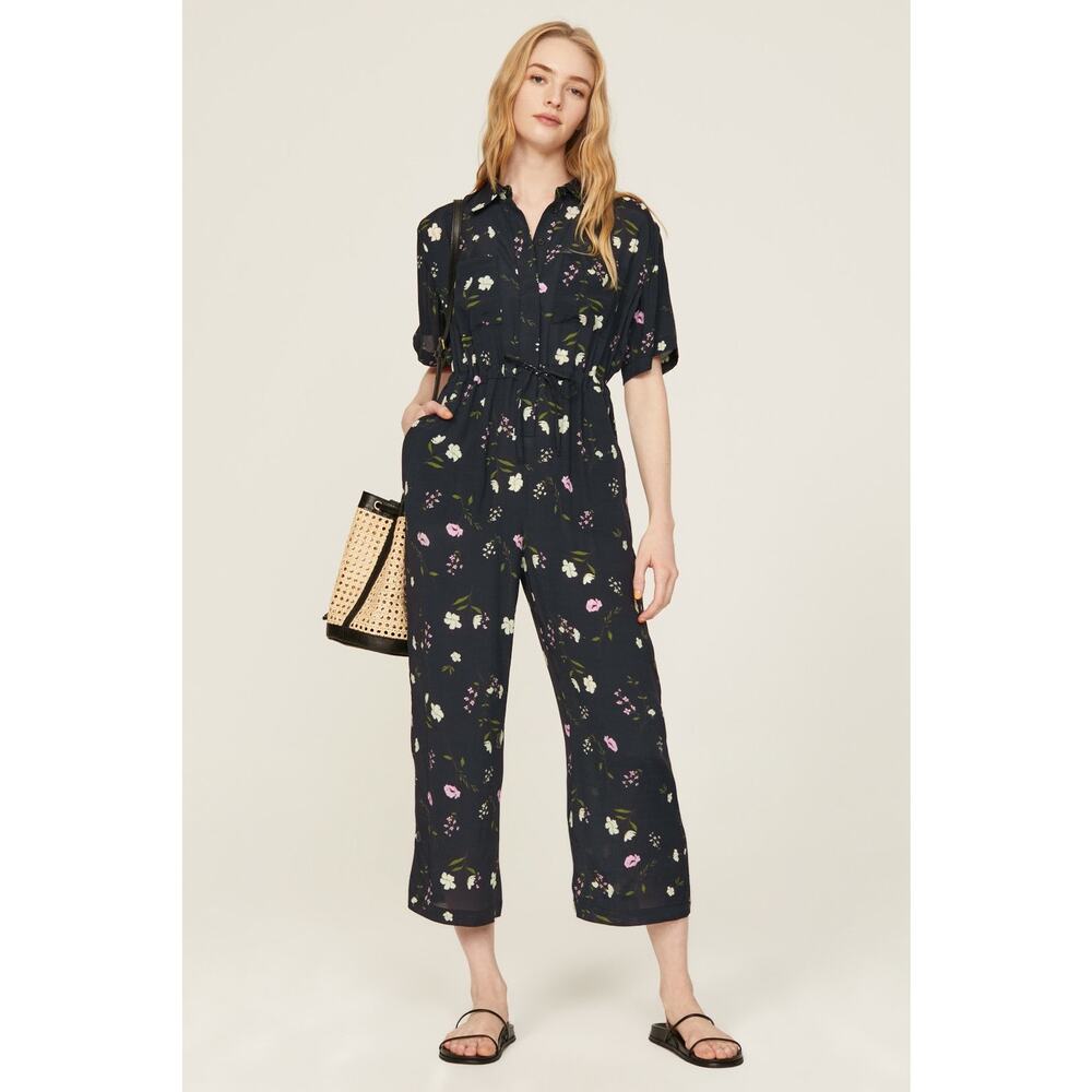 THAKOON COLLECTIVE Black Floral Print Tie Waist Collar Button Front Jumpsuit 10